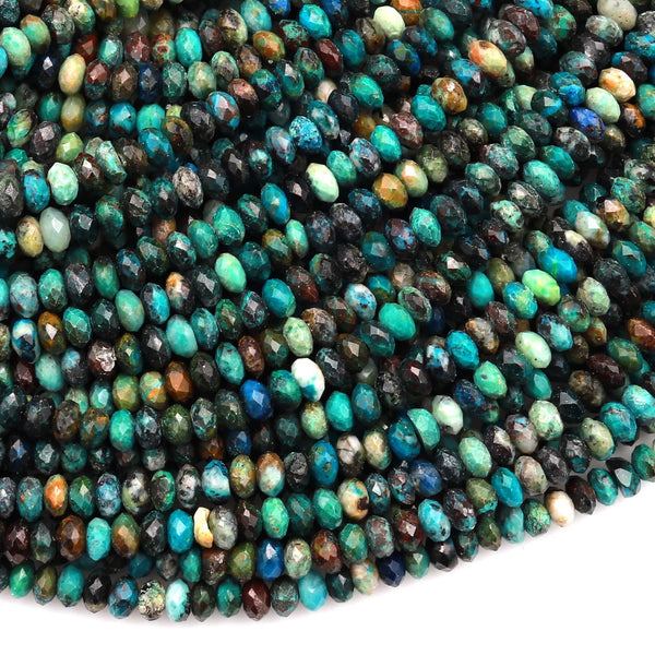 Micro Faceted Small Natural Chrysocolla Rondelle Beads 4mm Laser Diamond Cut Blue Green Gemstone 15.5&quot; Strand