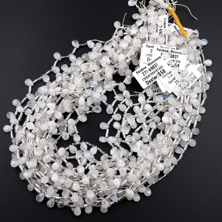 Faceted Natural Rainbow Moonstone Teardrop Briolette Beads 15.5&quot; Strand