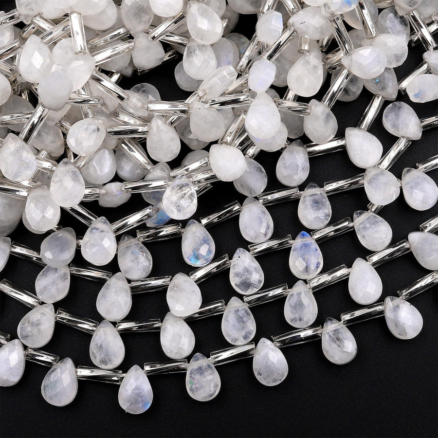 Faceted Natural Rainbow Moonstone Teardrop Briolette Beads 15.5&quot; Strand