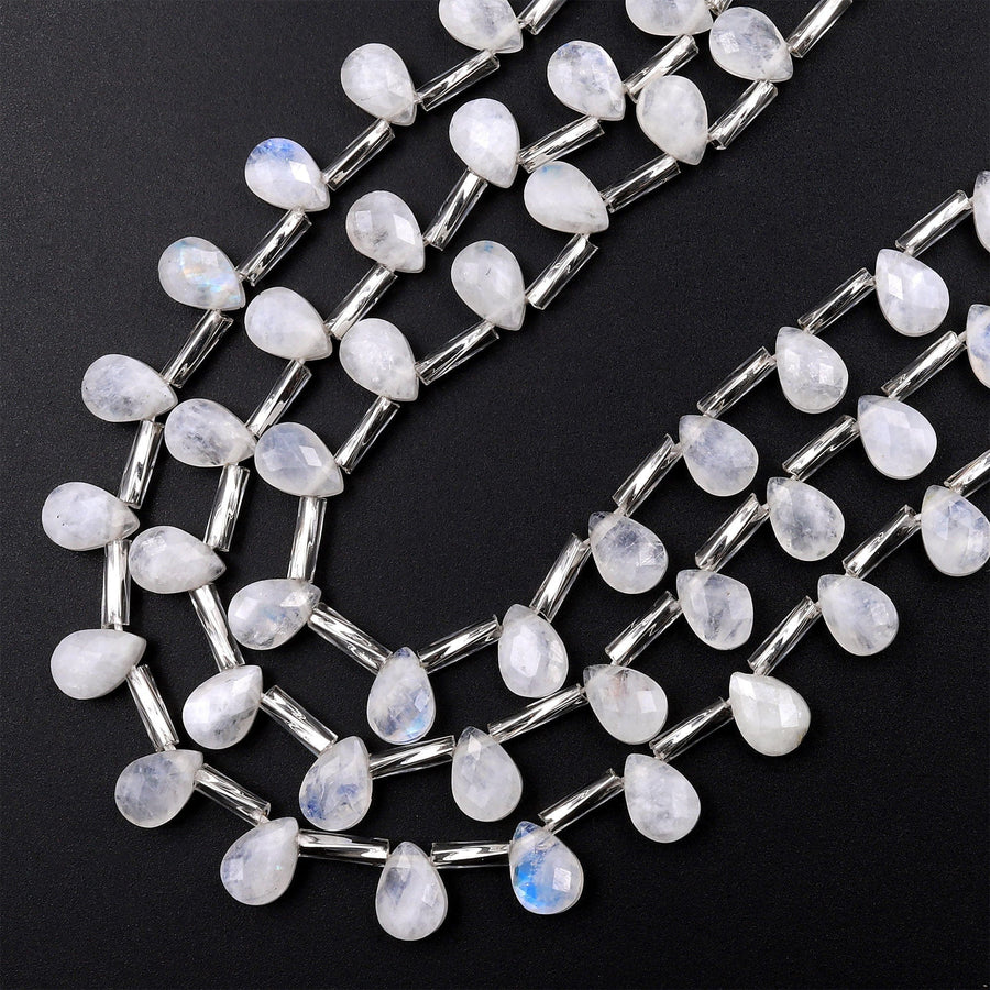 Faceted Natural Rainbow Moonstone Teardrop Briolette Beads 15.5&quot; Strand