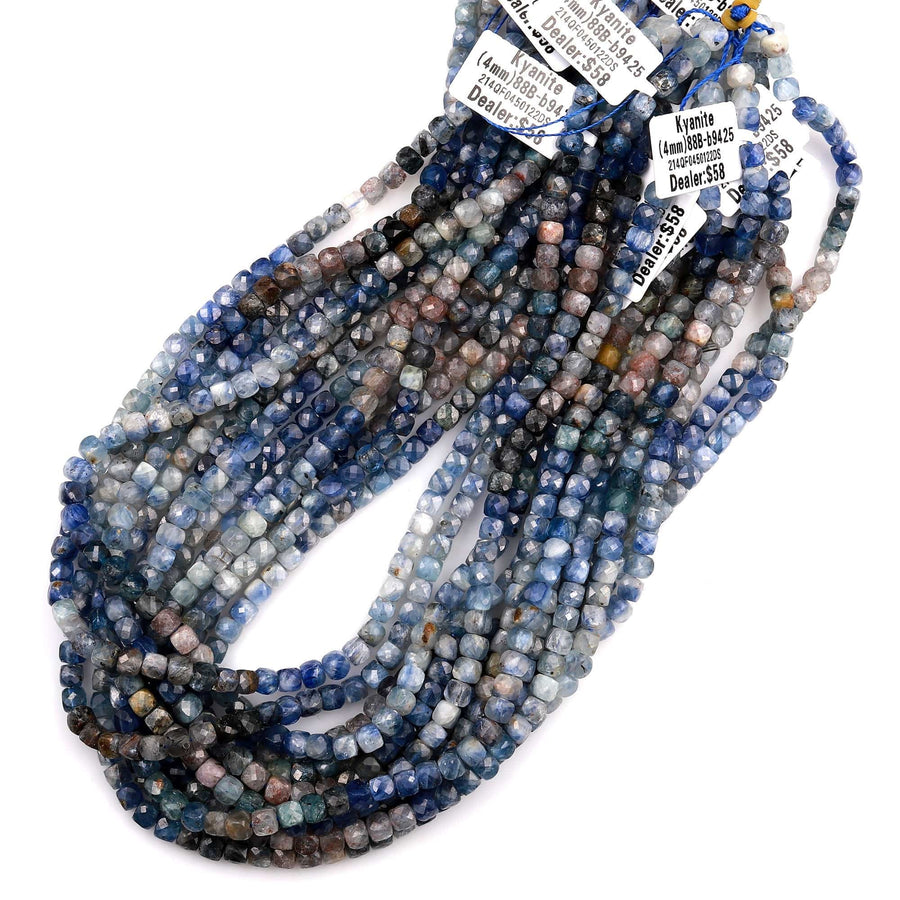 Natural Multicolor Blue Kyanite Faceted 4mm Cube Dice Square Beads Micro Faceted Laser Diamond Cut 15.5&quot; Strand