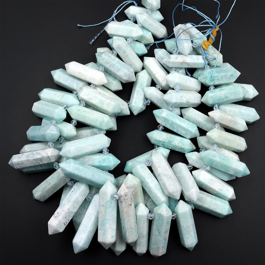 Natural Peruvian Amazonite Double Terminated Points Beads Top Side Drilled Sea Blue Gemstone 15.5&quot; Strand