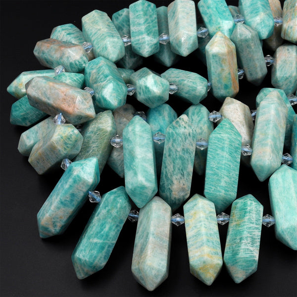 Natural Russian Amazonite Double Terminated Points Beads Top Side Drilled Sea Blue Gemstone 15.5&quot; Strand