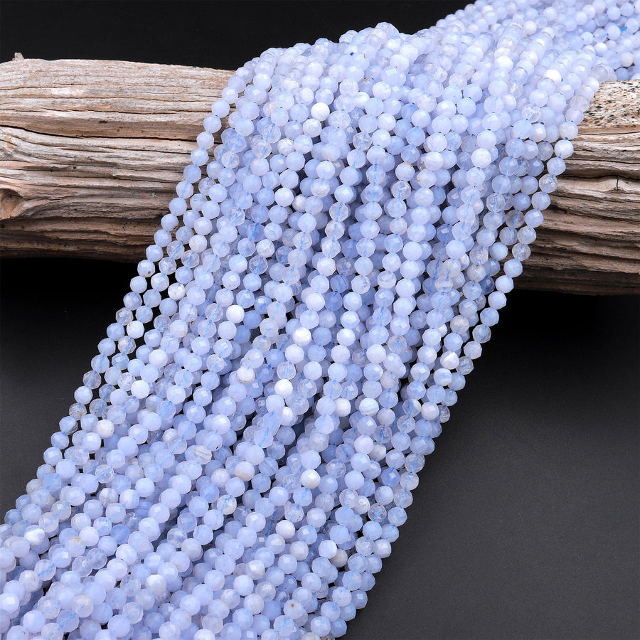 Micro Faceted Natural Blue Lace Agate 4mm Round Beads Blue Chalcedony 15.5&quot; Strand