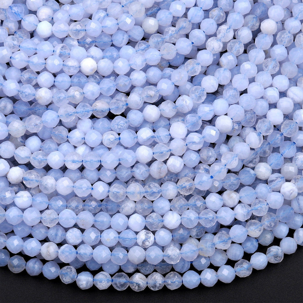 Micro Faceted Natural Blue Lace Agate 4mm Round Beads Blue Chalcedony 15.5&quot; Strand