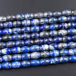 Natural Blue Lapis Drum Barrel Beads With Pyrite Calcite Matrix 15.5&quot; Strand