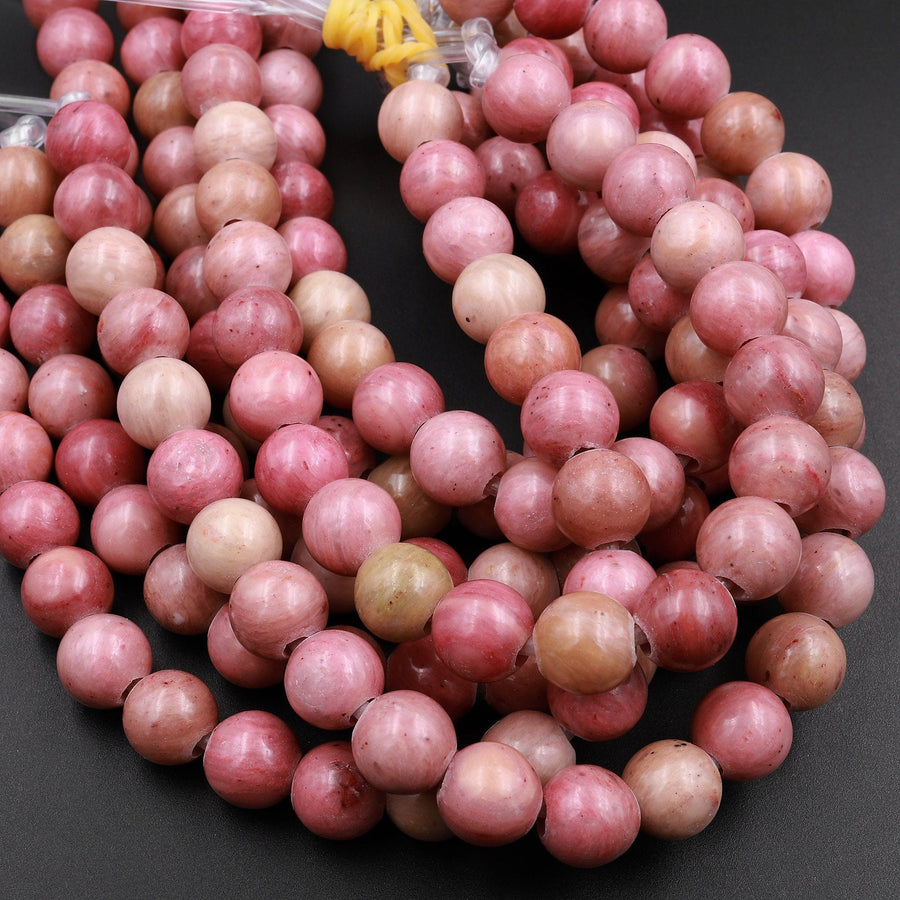 Large Hole Beads 2.5mm Drill Natural Petrified Pink Rhodonite 8mm 10mm Round Beads 8&quot; Strand