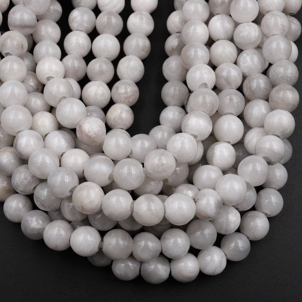 Large Hole Beads 2.5mm Drill Natural White Lace Agate 8mm 10mm Round Beads 8&quot; Strand
