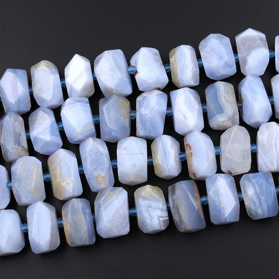 Natural Blue Lace Agate Beads Faceted Rectangle Blue Chalcedony 15.5&quot; Strand