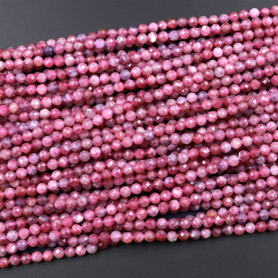 Faceted Natural Pink Tourmaline 4mm 5mm Round Beads Micro Diamond Cut Gemstone 15.5&quot; Strand