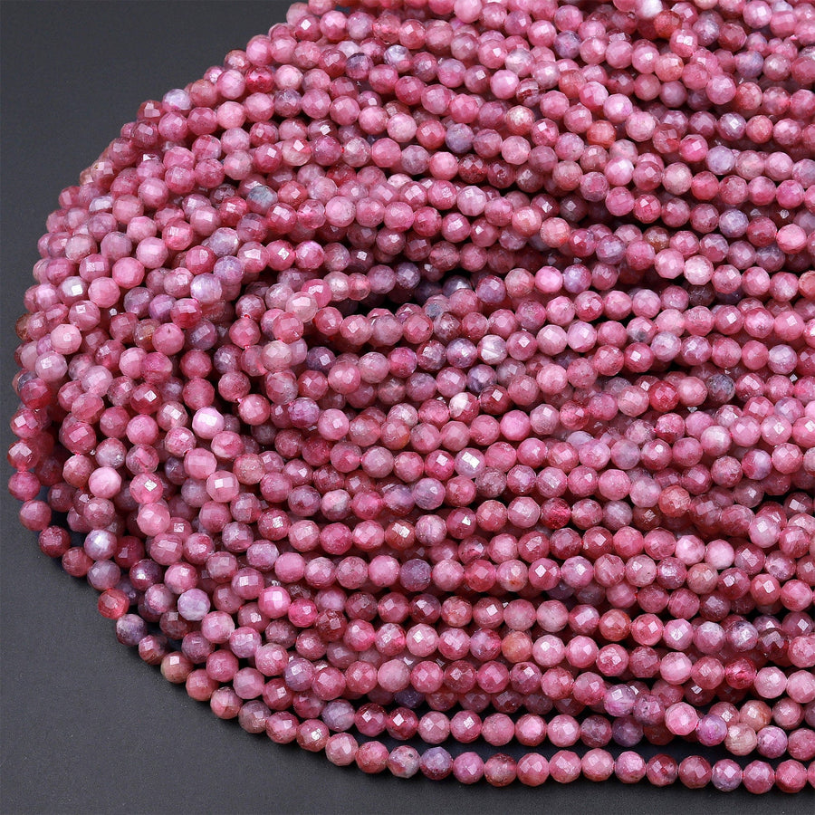 Faceted Natural Pink Tourmaline 4mm 5mm Round Beads Micro Diamond Cut Gemstone 15.5&quot; Strand