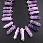 Natural Lilac Violet Purple Lepidolite Beads Faceted Double Terminated Points Large Side Drilled Focal Pendant 15.5&quot; Strand