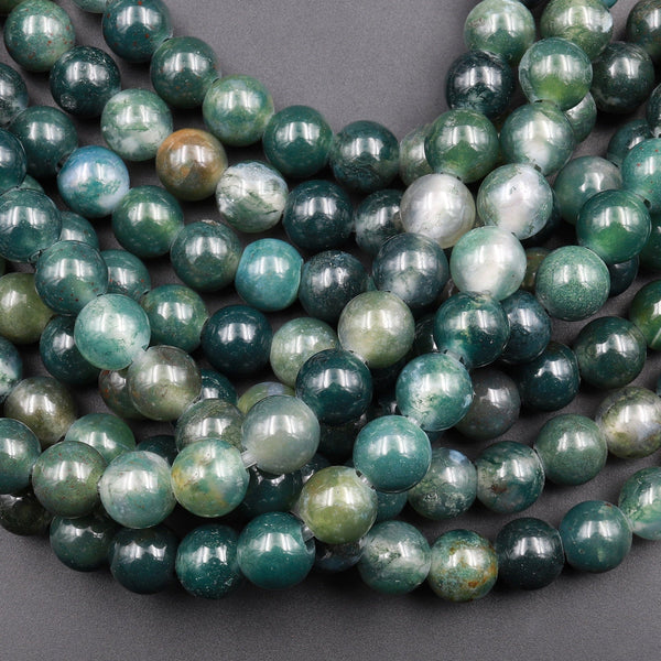 Large Hole Beads 2.5mm Drill Natural Green Moss Agate 8mm 10mm Round Beads 8&quot; Strand