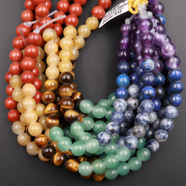 Large Hole Beads 2.5mm Drill Natural Chakra Beads 8mm 10mm Round Seven Rainbow Gemstone  8&quot; Strand