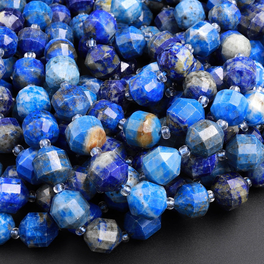 Natural Denim Blue Lapis 8mm 10mm Beads Faceted Energy Prism Double Point Cut 15.5&quot; Strand