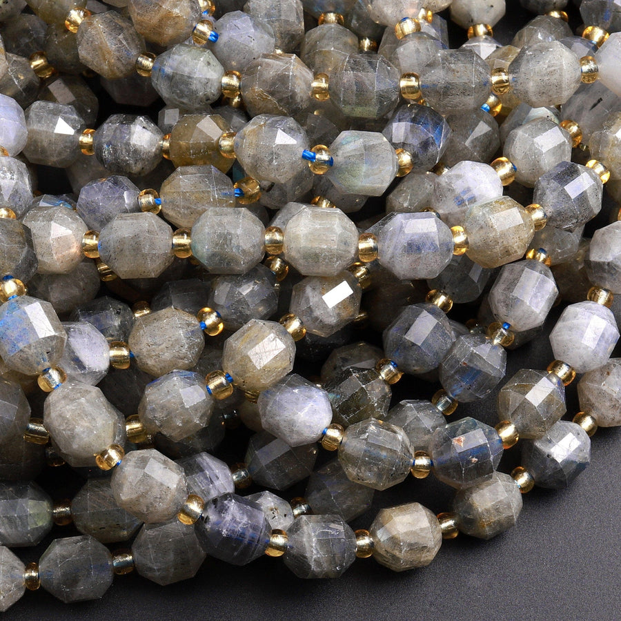 Natural Labradorite 6mm 8mm 10mm Beads Faceted Energy Prism Double Terminated Points 15.5&quot; Strand