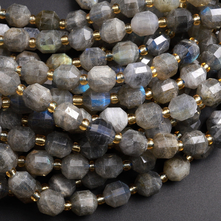 Natural Labradorite 6mm 8mm 10mm Beads Faceted Energy Prism Double Terminated Points 15.5&quot; Strand