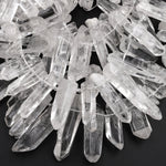 HUGE Size Natural Raw Rock Crystal Quartz Beads Points Spikes Top Side Drilled Freeform Clear White Quartz Focal Pendant 15.5&quot; Strand