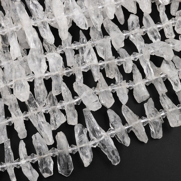 Natural Raw Rock Crystal Quartz Beads Points Center Drilled Freeform Chiseled Clear White Quartz 15.5&quot; Strand