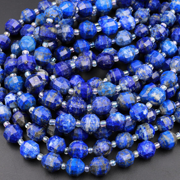 Natural Blue Lapis 6mm 8mm 10mm Beads Faceted Energy Prism Double Point Cut 15.5&quot; Strand
