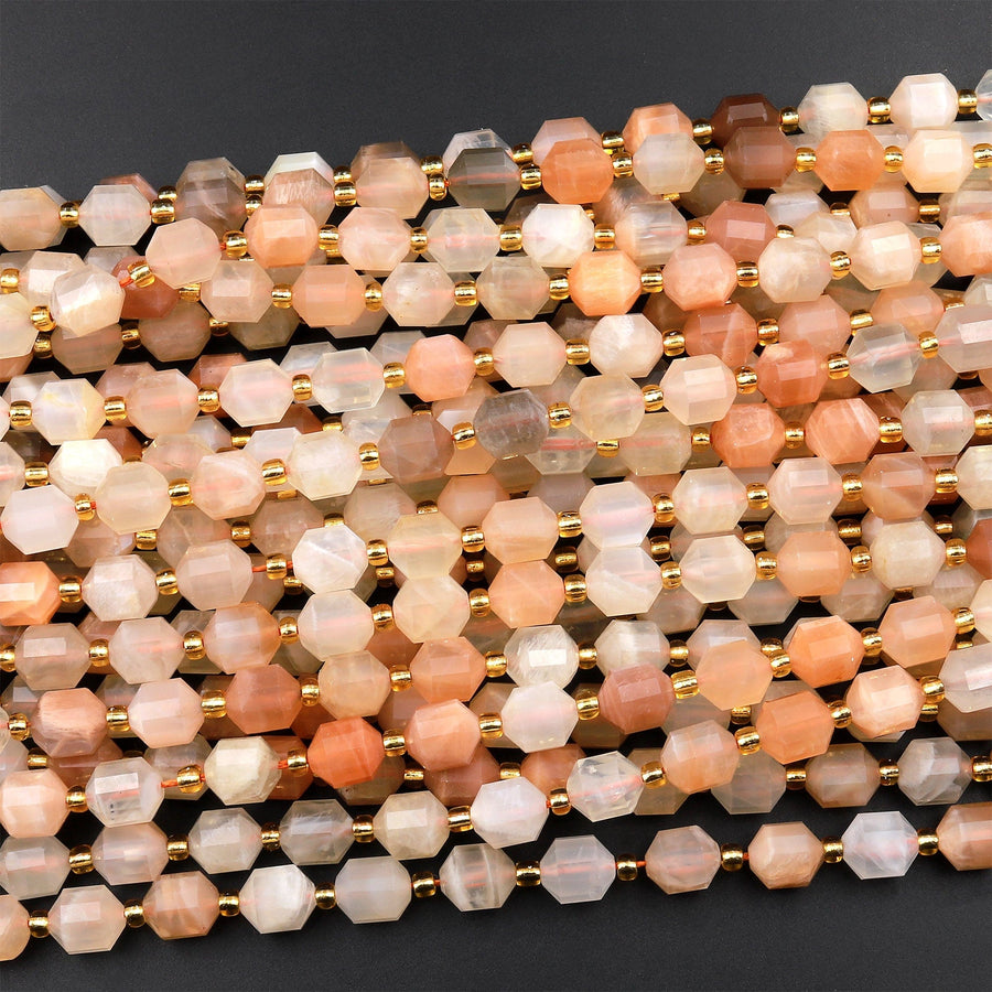 AAA Peach Moonstone 8mm Faceted Prism Round Beads 15.5&quot; Strand