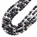 Natural Black Grey Sardonyx Agate 8mm Round Beads AA Grade Amazing Eyes Bands Veins Antique Boho Mala Beads 16&quot; Strand