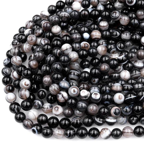 Natural Black Grey Sardonyx Agate 8mm Round Beads AA Grade Amazing Eyes Bands Veins Antique Boho Mala Beads 16&quot; Strand