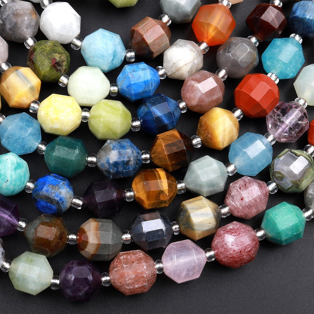 Mixed Multicolor Natural Gemstone Faceted Prism Cut 8mm 10mm Round Beads Double Terminated Points 15.5&quot; Strand