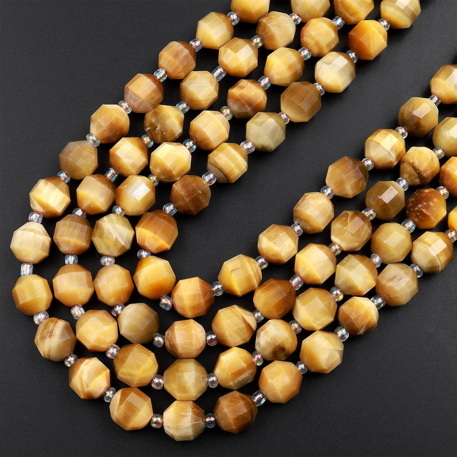 Natural Blonde Tiger&#39;s Eye 8mm 10mm Beads Faceted Energy Prism Double Terminated Points 15.5&quot; Strand