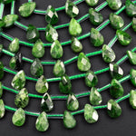 Faceted Natural Chrome Diopside Teardrop Beads Top Side Drilled Real Genuine Green Gemstone Good For Earrings 15.5&quot; Strand