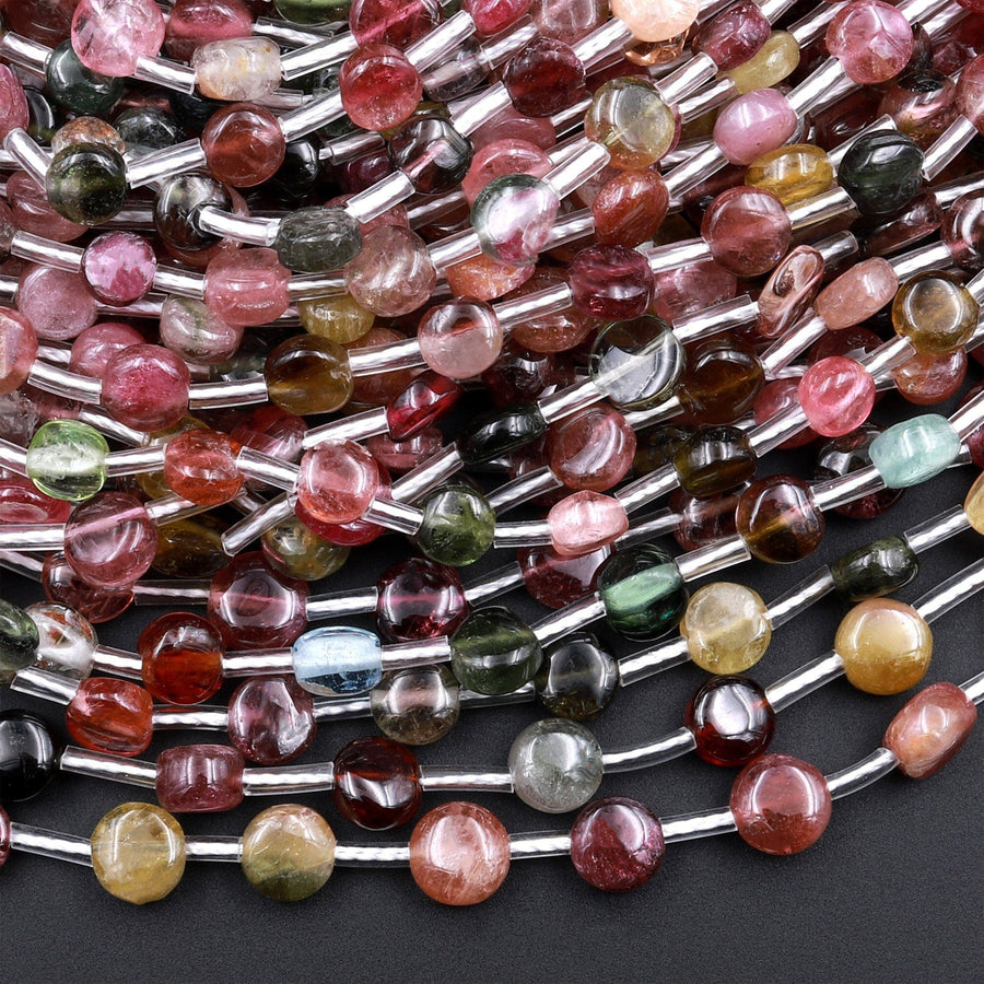 Tourmaline Coin Beads 6mm Natural Multicolor Watermelon Pink Green Yellow Gemstone 18&quot; Strand
