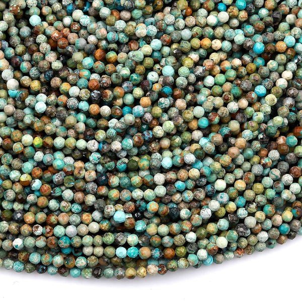 Natural Turquoise 2mm 3mm Faceted Round Beads Real Genuine Natural Brown Green Turquoise Micro Faceted Cut 15.5&quot; Strand