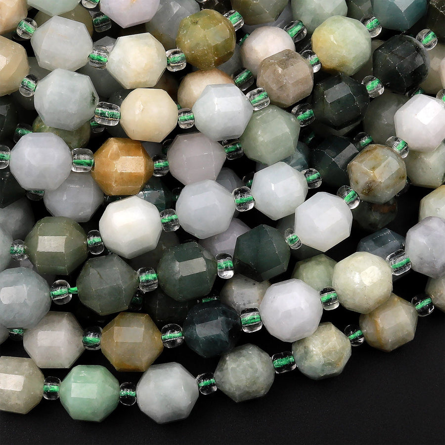 Faceted Natural Burma Green Jade 8mm Beads Energy Prism Double Terminated Point Cut 15.5&quot; Strand