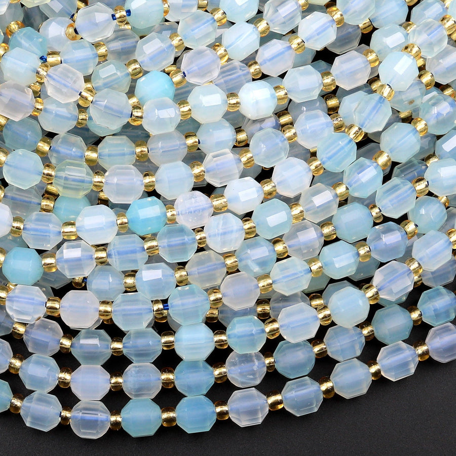 Natural Sea Blue Chalcedony 6mm Beads Faceted Energy Prism Double Terminated Point Cut 15.5&quot; Strand