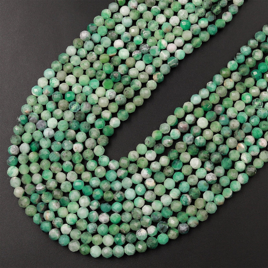 Real Genuine Natural Green Emerald Gemstone Faceted 4mm Round Beads Laser Diamond Cut Gemstone May Birthstone 15.5&quot; Strand