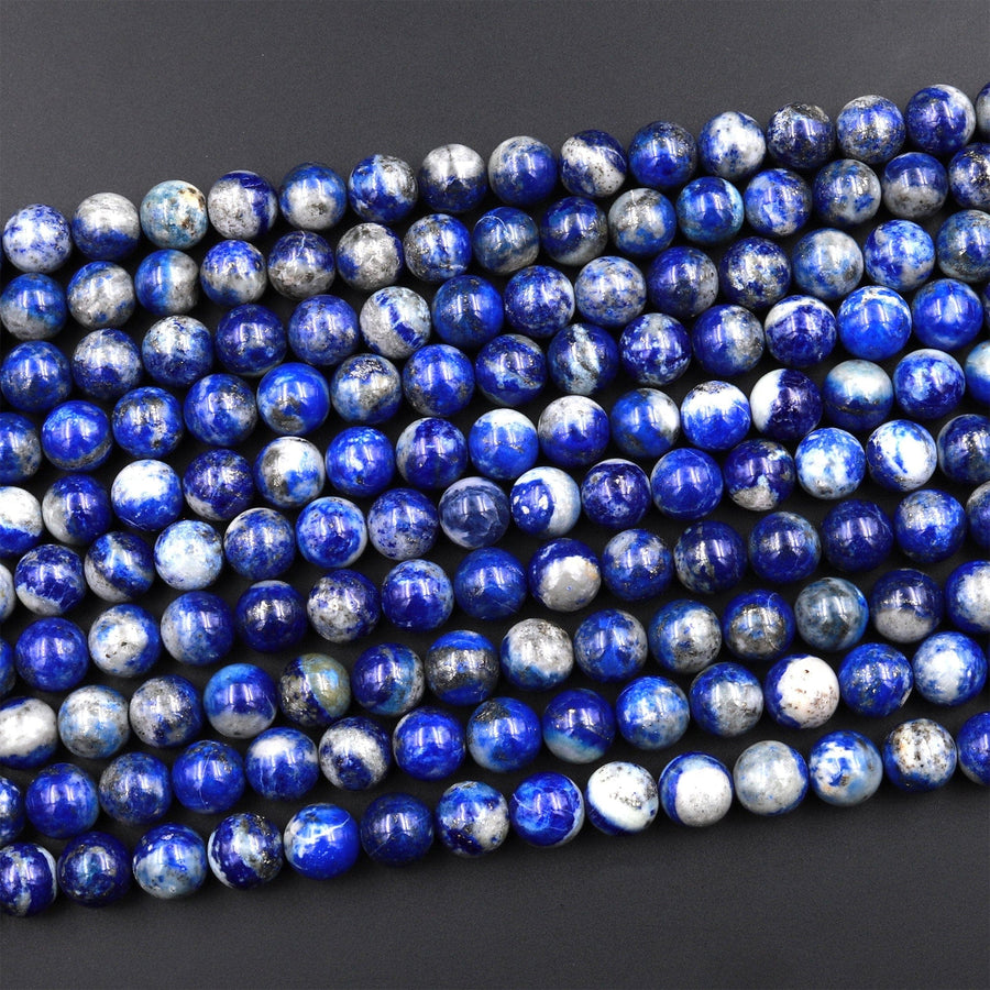 Genuine 100% Natural Blue Lapis 4mm 6mm 8mm 10mm Round Beads With White Calcite Golden Pyrite Matrix 15.5&quot; Strand
