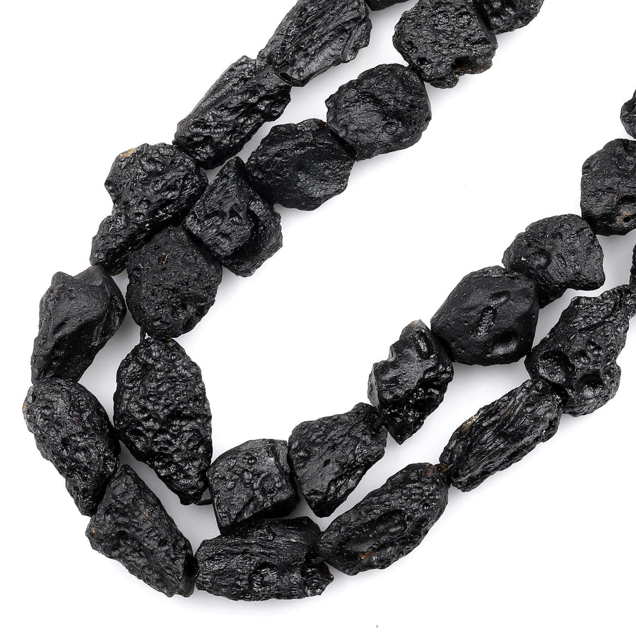 Natural Tektite Beads Freeform Whole Nugget Drilled Black Meteorite Cosmic Gems Rough Raw Gemstone 15.5&quot; Strand