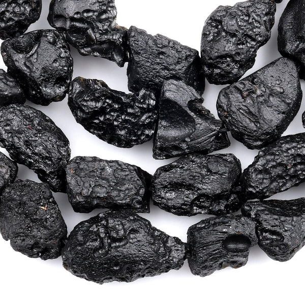 Natural Tektite Beads Freeform Whole Nugget Drilled Black Meteorite Cosmic Gems Rough Raw Gemstone 15.5&quot; Strand