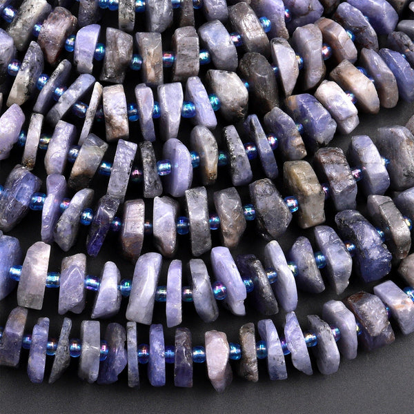 Genuine Real Natural Tanzanite Freeform Rondelle Wheel Beads Purple Blue Gemstone 15.5&quot; Strand