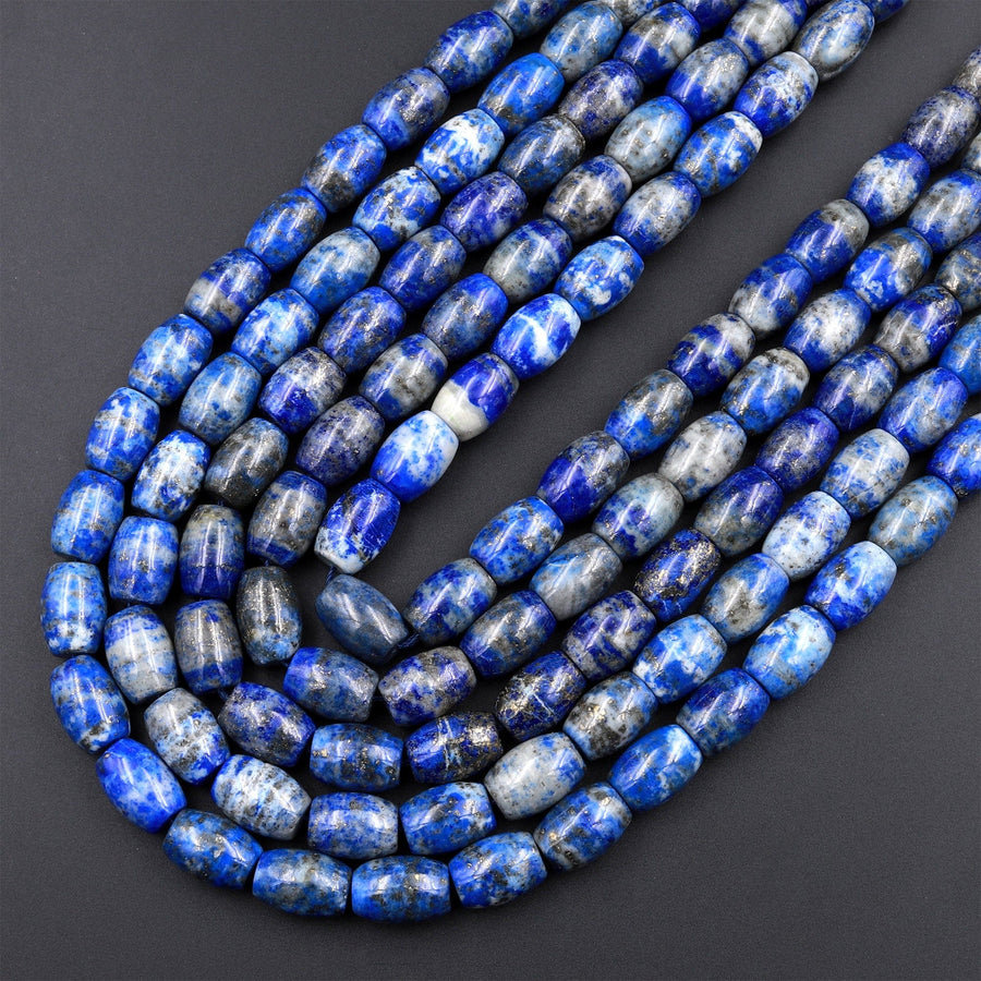 Natural Blue Lapis Drum Barrel Beads With Pyrite Calcite Matrix 15.5&quot; Strand