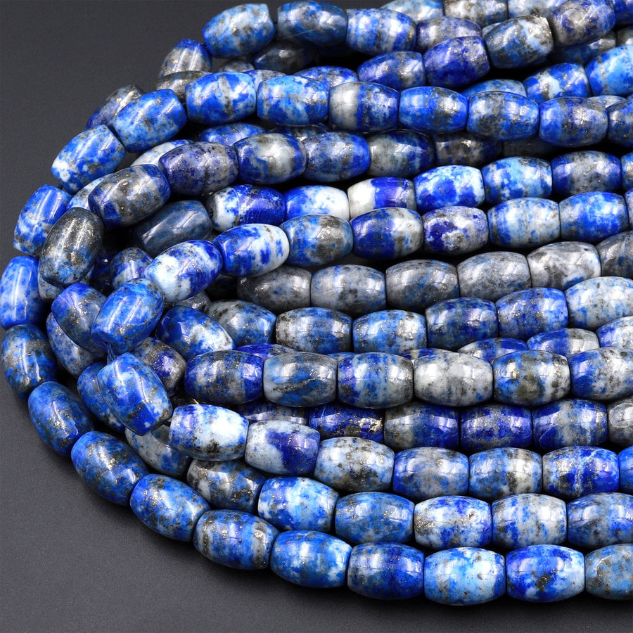 Natural Blue Lapis Drum Barrel Beads With Pyrite Calcite Matrix 15.5&quot; Strand