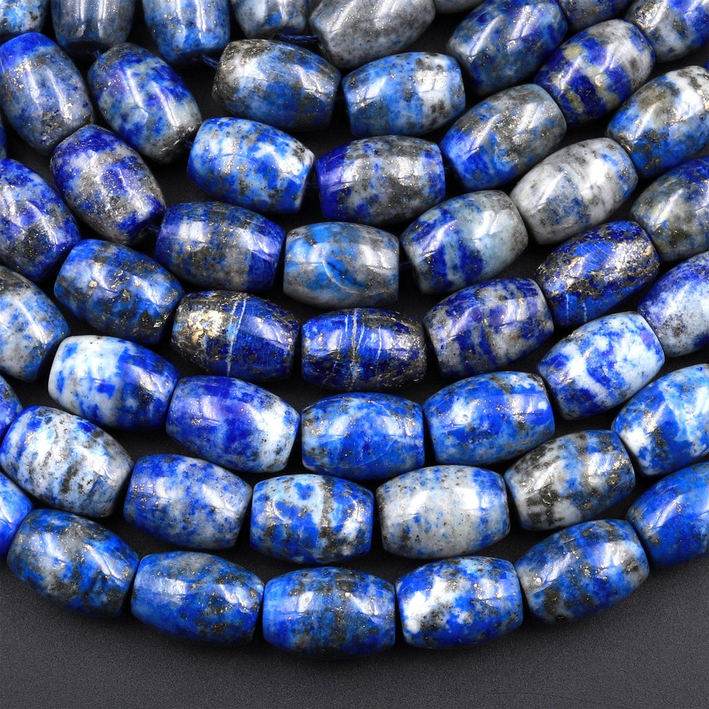 Natural Blue Lapis Drum Barrel Beads With Pyrite Calcite Matrix 15.5&quot; Strand