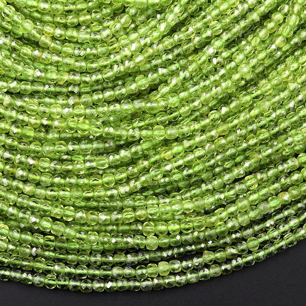 AAA Natural Green Peridot Micro Faceted 3mm 4mm Cube Dice Square Beads 15.5" Strand