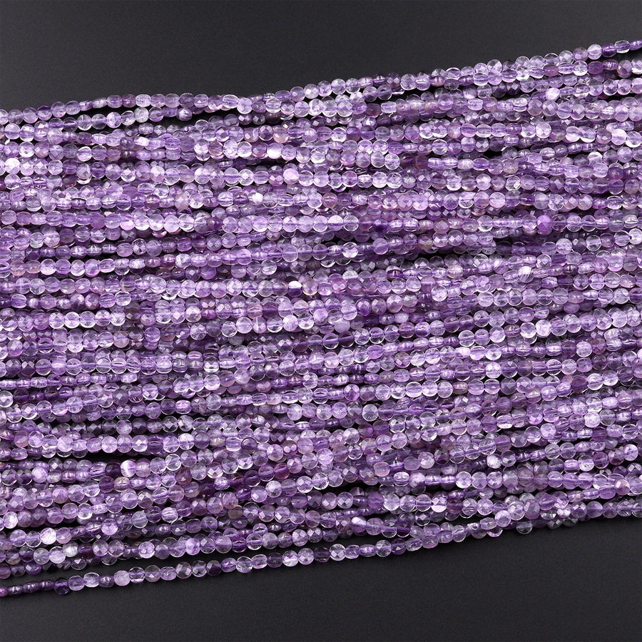 Faceted Natural Light Purple Amethyst Coin Beads 2mm 3mm Flat Disc Dazzling Micro Diamond Cut 15.5" Strand