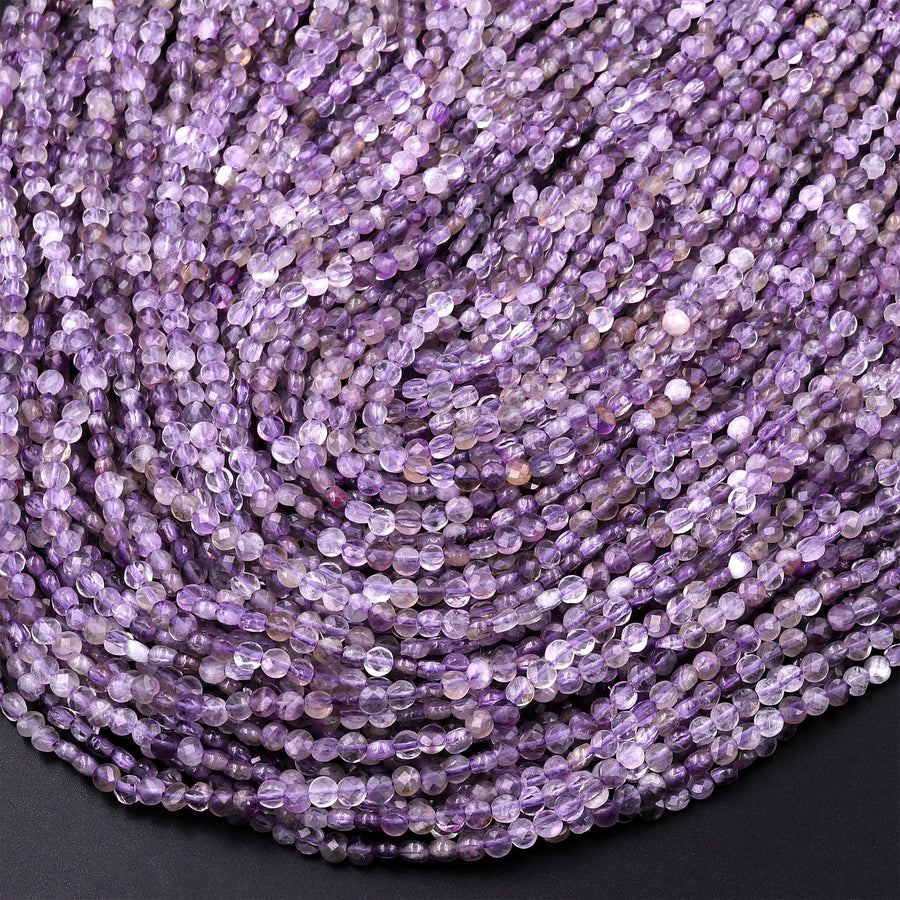 Faceted Natural Light Purple Amethyst Coin Beads 2mm 3mm Flat Disc Dazzling Micro Diamond Cut Gemstone 15.5" Strand