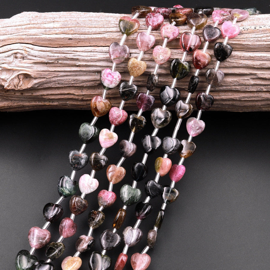 Tourmaline Heart Beads 9mm 10mm Natural Multicolor Watermelon Pink Dark Green Black Gemstone 18" Strand