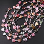 Faceted Tourmaline Heart Beads 8mm Top Side Drilled Natural Multicolor Watermelon Pink Green Blue Yellow Gemstone 18" Strand