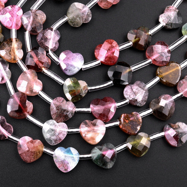 Faceted Tourmaline Heart Beads 8mm Top Side Drilled Natural Multicolor Watermelon Pink Green Blue Yellow Gemstone 18" Strand
