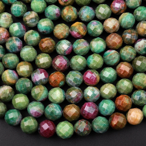 Natural Ruby Fuchsite Faceted Round 6mm 8mm Red Ruby Green Fuchsite Gemstone Fuschite 15.5" Strand
