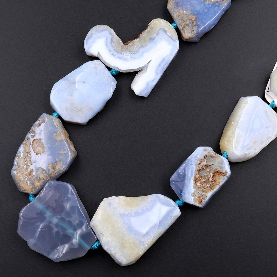 Large Freeform Natural Blue Chalcedony Geode Slice Druzy Drusy Beads Blue Lace Agate 15.5&quot; Strand